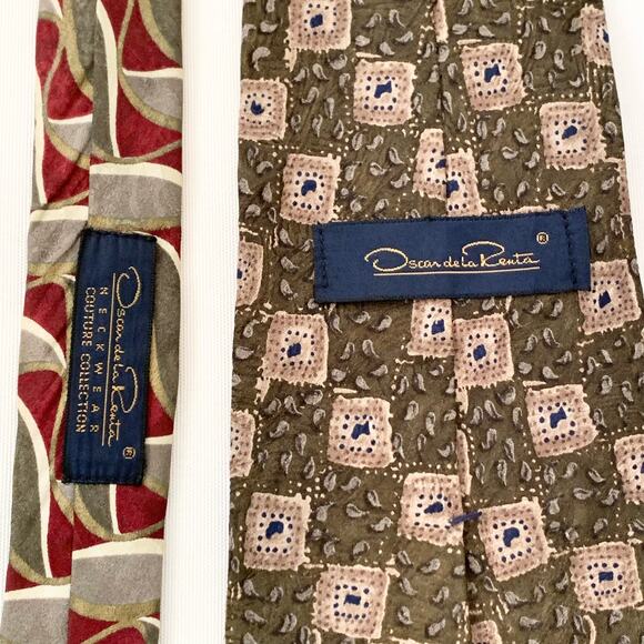 OSCAR DE LA RENTA 2 Pc Men’s Neck Tie Silk, Red & Olive Green, Olive Green & Tan - Picture 2 of 8